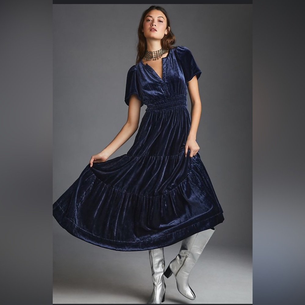 Anthropologie Deep Blue Velvet Maxi Dress